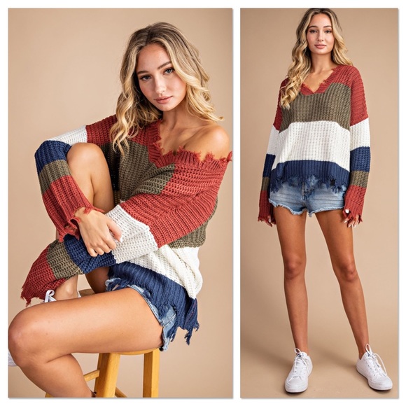 Lavender Moon Sweaters - SALE Olive & Ivory Distressed Color Block Sweater